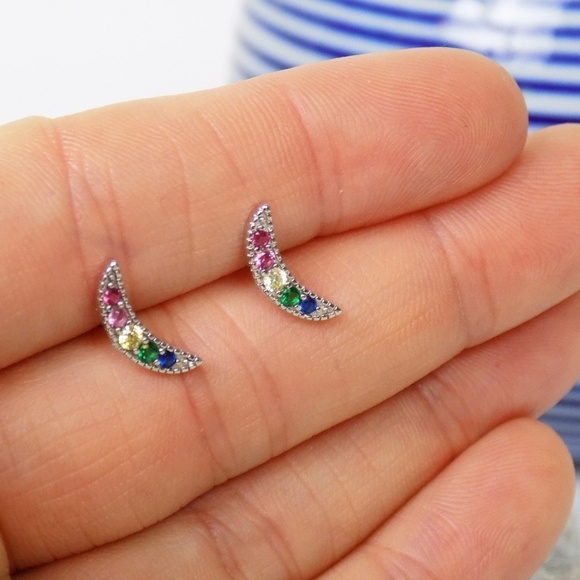 new in box! 925 sterling dainty rainbow crescent moon post multicolor stones - Picture 1 of 4